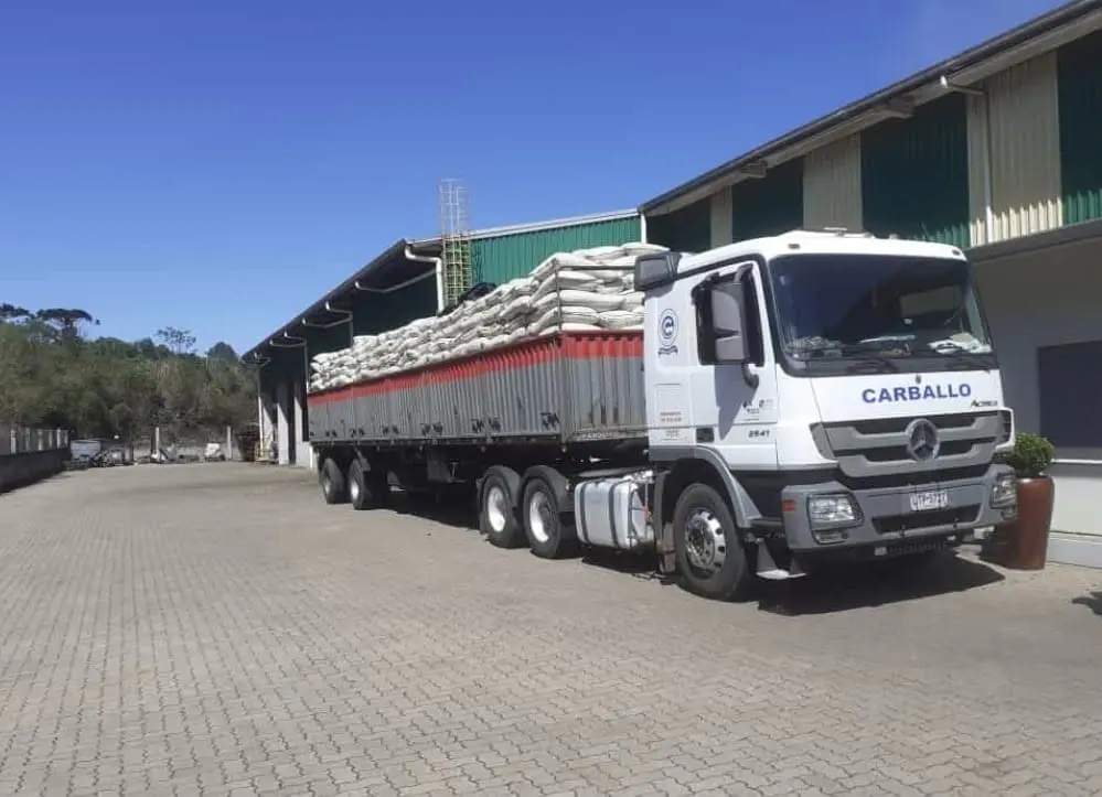 Camión con carga seca en bolsas frente a un depósito